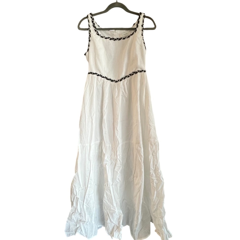 Cotton Linen White Dress Sleeveless Tiered Ruffle Trim‎ Casual Sundress M